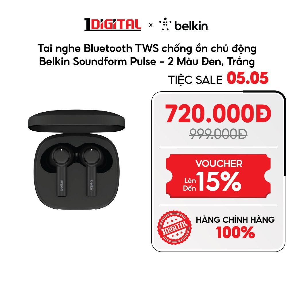 (Belkin) Tai nghe Bluetooth TWS chống ồn chủ động Belkin Soundform Pulse - 2 Màu Đen, Trắng