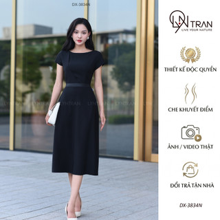LYN TRAN - Váy công sở dáng xòe đai eo, Đầm midi dáng A cổ thuyền ngắn tay thanh lịch (DX-3834N)