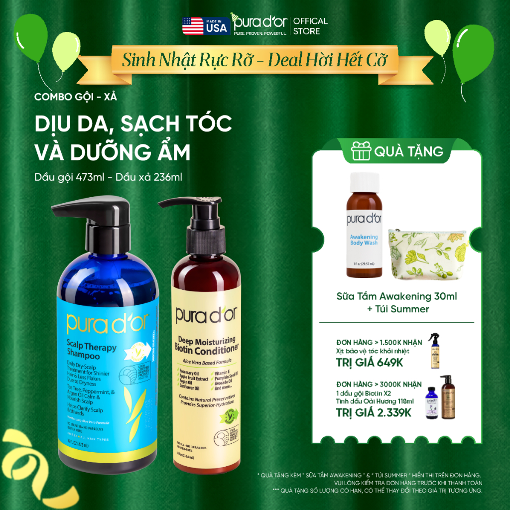 Combo dầu gội dầu xả PURA D'OR Scalp Therapy Dịu da, Sạch tóc và Dưỡng Ẩm