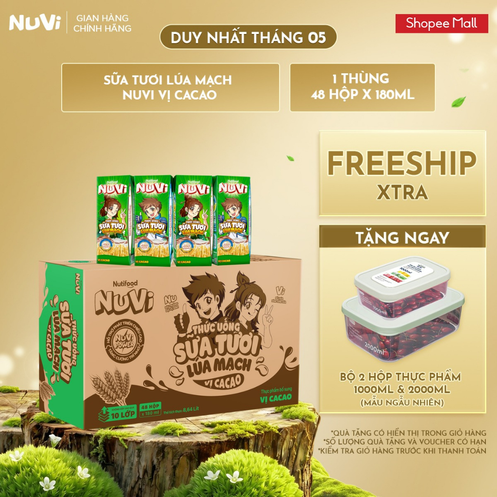 Thùng 48 Hộp Thức Uống Sữa Tươi Lúa Mạch NuVi Vị Cacao 180ml