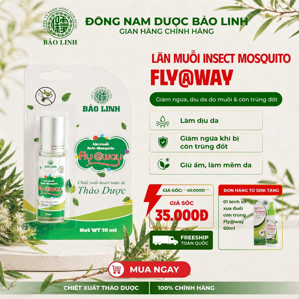 Lăn Thảo Dược Giảm Ngứa, Sưng Tấy Do Muỗi Và Côn Trùng Đốt Fly@way Bảo Linh 10ml