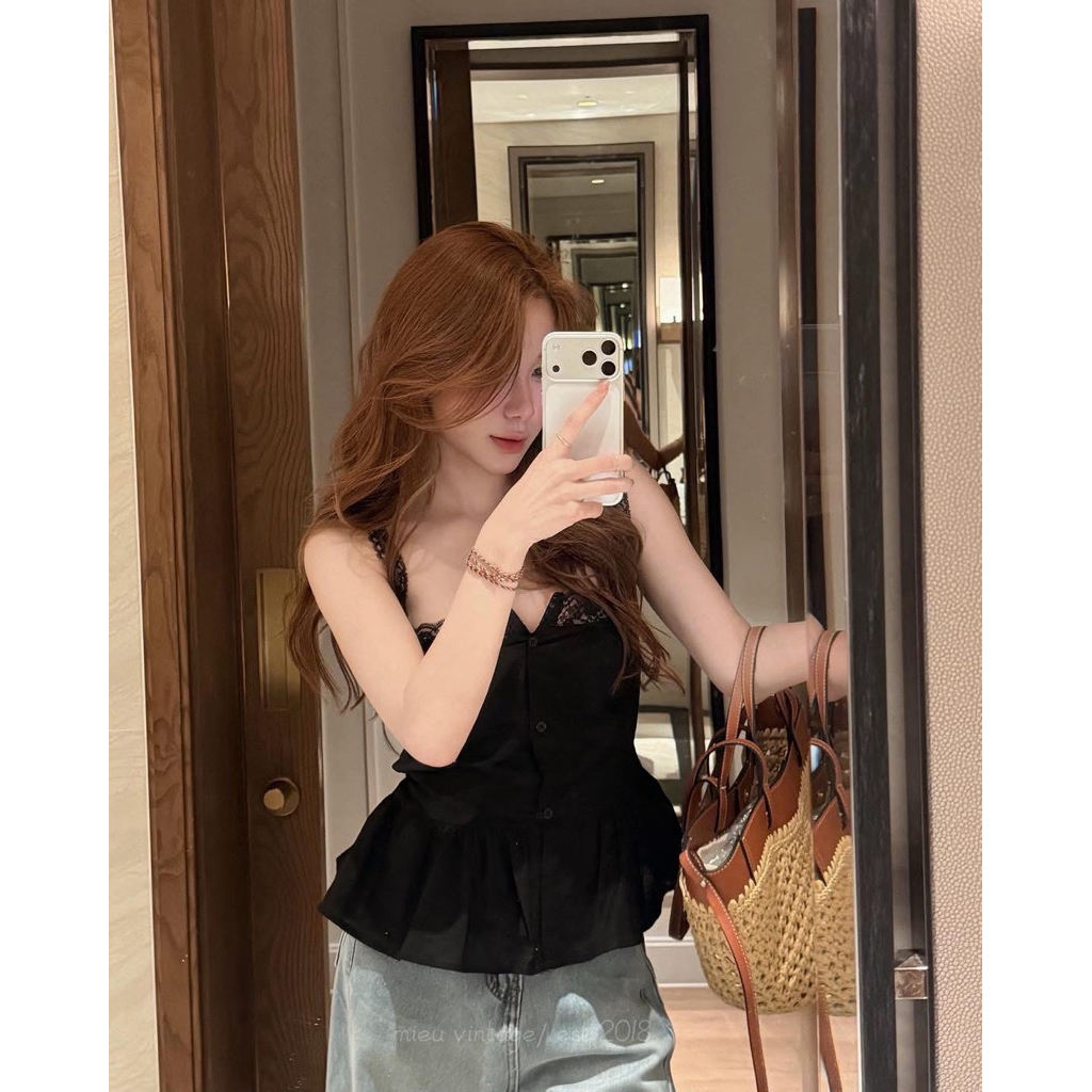 Áo Hai Dây Phối Ren dáng Peplum chất liệu Đũi Linen mềm mại dây buộc Nơ phong cách Vintage | BigBuy360 - bigbuy360.vn