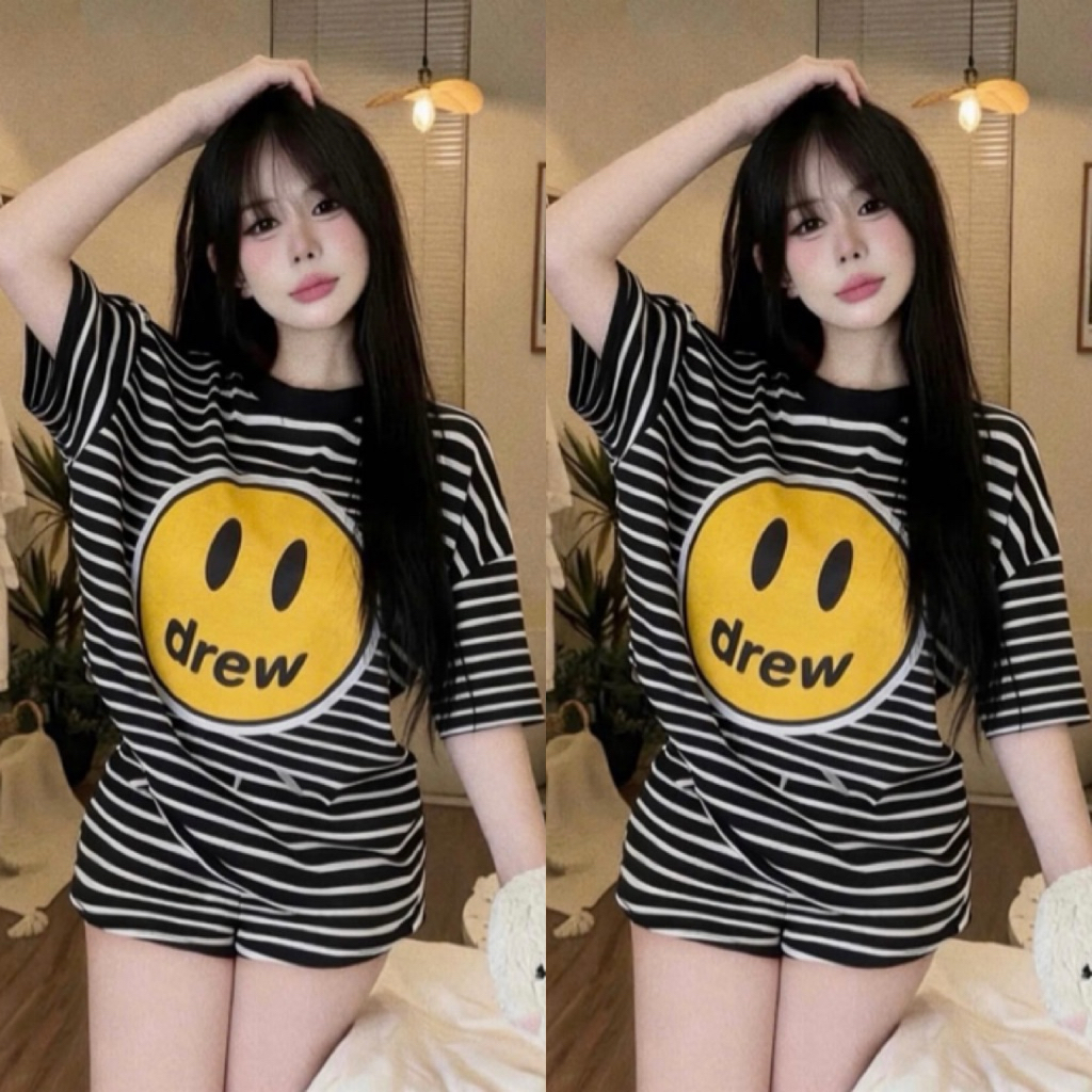 Set Bộ Nữ, Set Bộ Thun Cotton Kẻ Mặt Cười Đùi