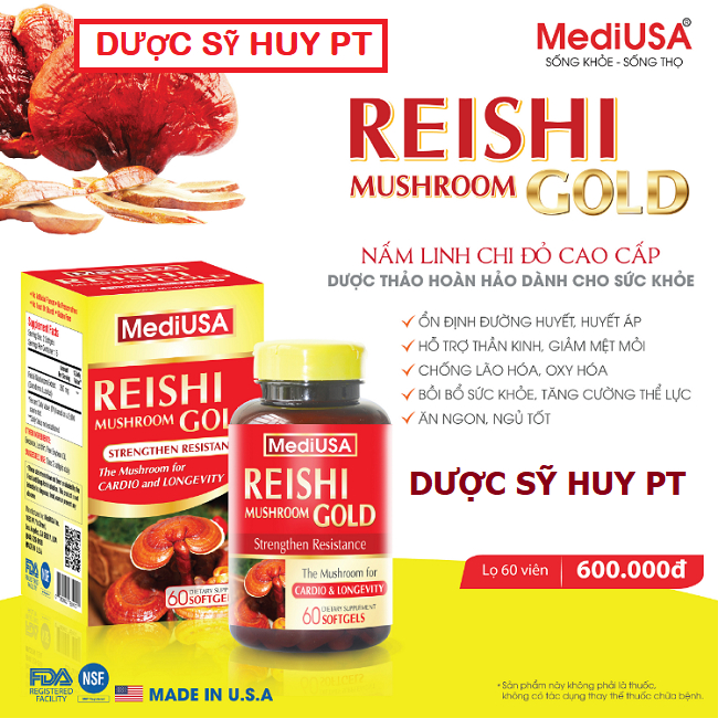 Viên Nấm Linh Chi Đỏ REISHI GOLD 60 VIÊN MEDIUSA  nhập khẩu chính hãng 100%.
