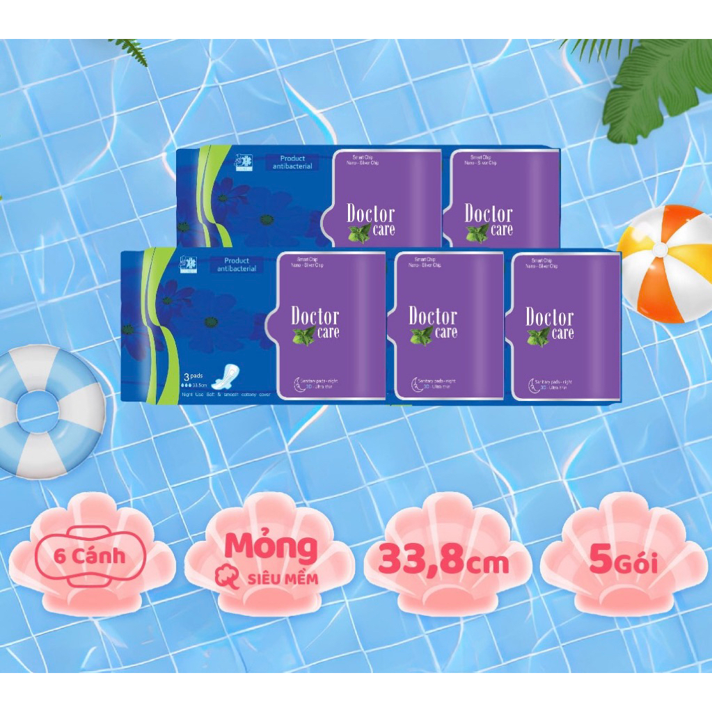 Combo 5 Băng vệ sinh thảo dược Doctor Care ban đêm gói 3 miếng 33.8cm 2 lớp chống tràn D&C Doctor Ca