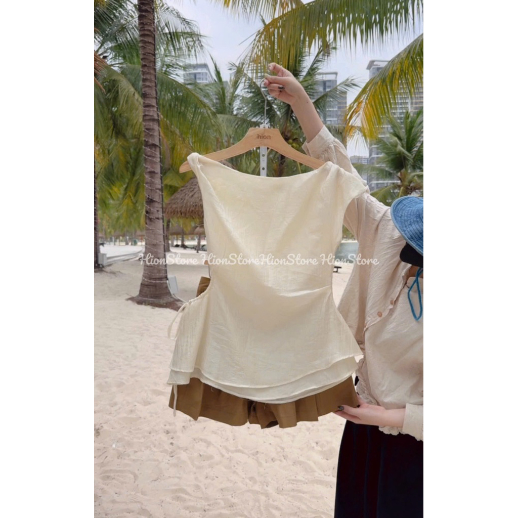 Hion Store - Set áo kem lệch vai+ short nâu size S M L