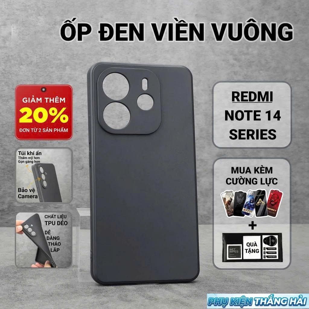 Ốp lưng Redmi Note 14, Note 14 Pro 4G/5G Plus PKTH Case trơn màu đen | Ốp điện thoại Xiaomi dẻo bảo 