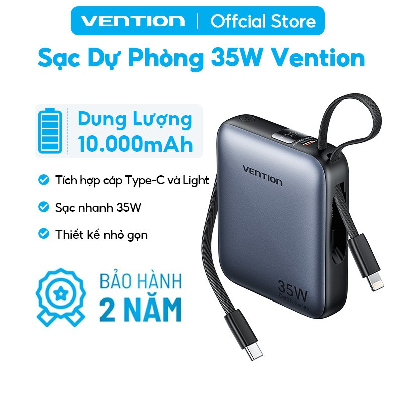 Sạc Dự Phòng 10000mAh Vention 35W PD3.0, Tích Hợp Cáp USB-C, Thiết Kế Nhỏ Gọn Tiện Lợi, Sạc Nhanh An Toàn Ổn Định | BigBuy360 - bigbuy360.vn