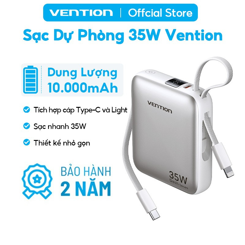 Sạc Dự Phòng 10000mAh 35W Vention Tích Hợp Cáp USB-C & Light Hỗ Trợ PD Thiết Kế Nhỏ Gọn Dễ Mang Theo