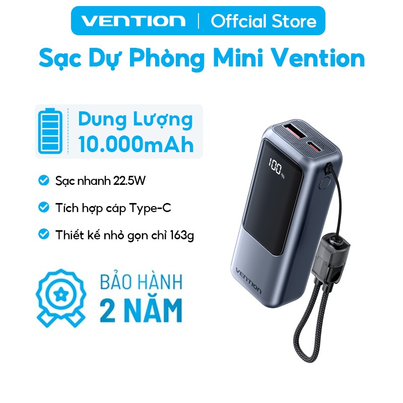 Pin Sạc Dự Phòng Mini 22.5W 10000mAh Vention Tích Hợp Dây Type C, Màn LED Hiển Thị,Hỗ Trợ Sạc Nhanh, Thiết Kế Nhỏ Gọn | BigBuy360 - bigbuy360.vn