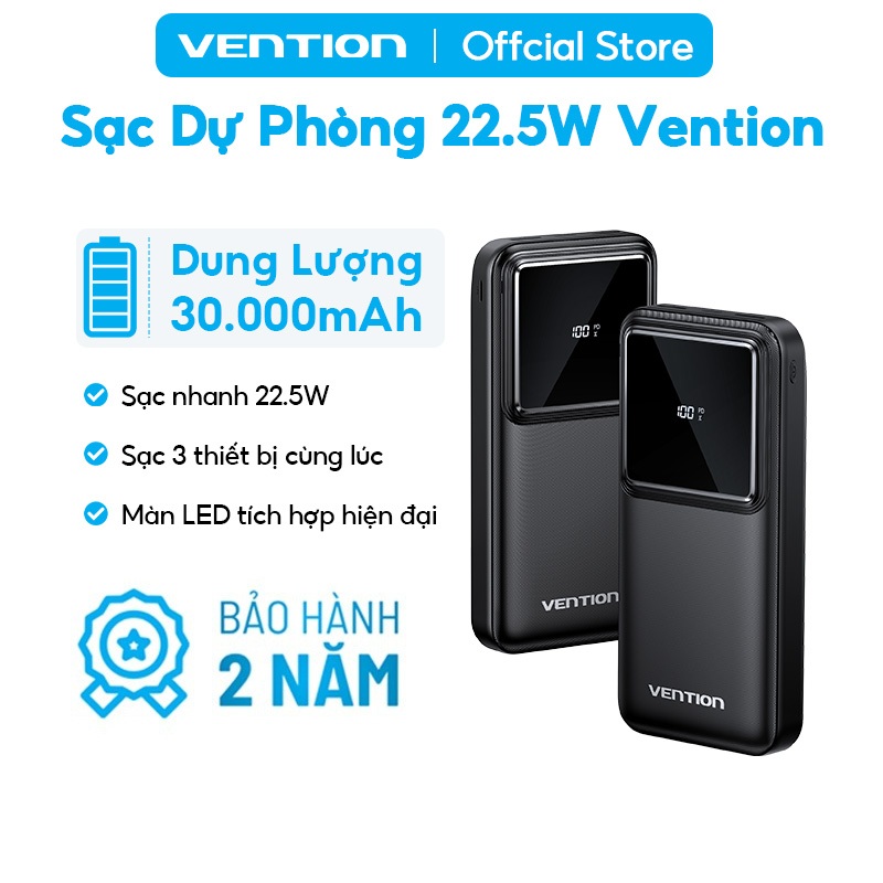 Pin Sạc Dự Phòng 30000mAh 22.5W Vention, 3 Cổng USB/Type-C/Micro, Sạc Nhanh PD3.0, Dung Lượng Lớn Cho Điện Thoại | BigBuy360 - bigbuy360.vn