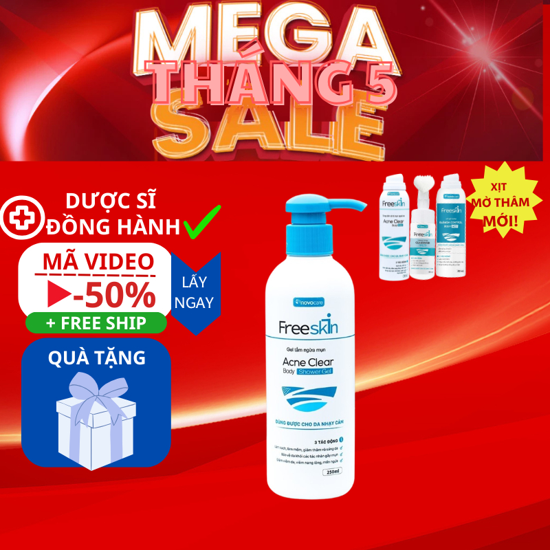 Bộ Sữa Tắm Giảm Mụn Thâm Mụn Lưng Freeskin 250ml và Xịt Mụn, XỊt Mờ Thâm Bọt Rửa Mặt Freeskin- Shop 