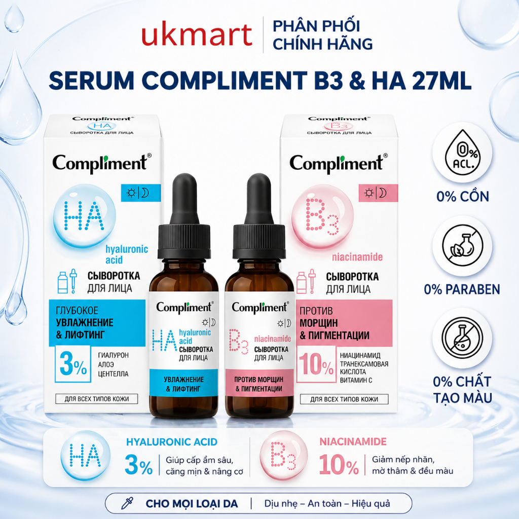 Serum Tinh chất Dưỡng Da Compliment B3 Anti-wrinkle Đều Màu, Kiềm Dầu, Dưỡng Ẩm, Trắng Sáng 27ml