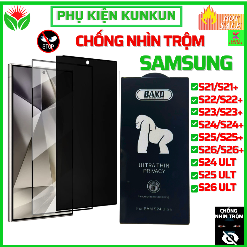 Kính cường lực chống nhìn trộm Samsung S24 Ultra S25 S26Ultra S23 S22 S21 S24Plus S23Plus S22Plus S21Plus S24+ S25+ S26+