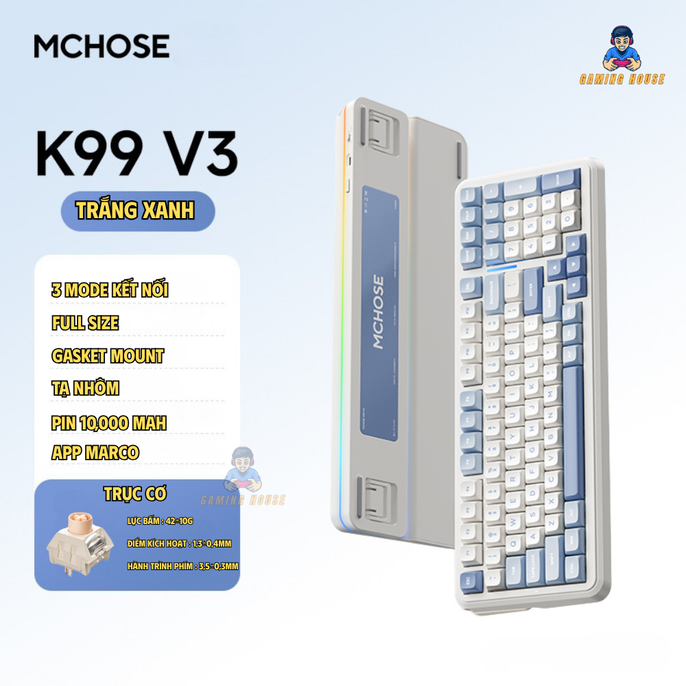 Bàn phím cơ không dây full size Mchose K99 V3 - 3 Mode - Pin 10000 - Mạch Xuôi 5 pin - LED RGB - Tạ nhôm | BigBuy360 - bigbuy360.vn