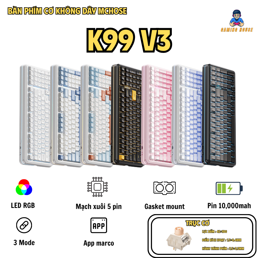 Bàn phím cơ không dây full size Mchose K99 V3 - 3 Mode - Pin 10000 - Mạch Xuôi 5 pin - LED RGB - Tạ nhôm | BigBuy360 - bigbuy360.vn
