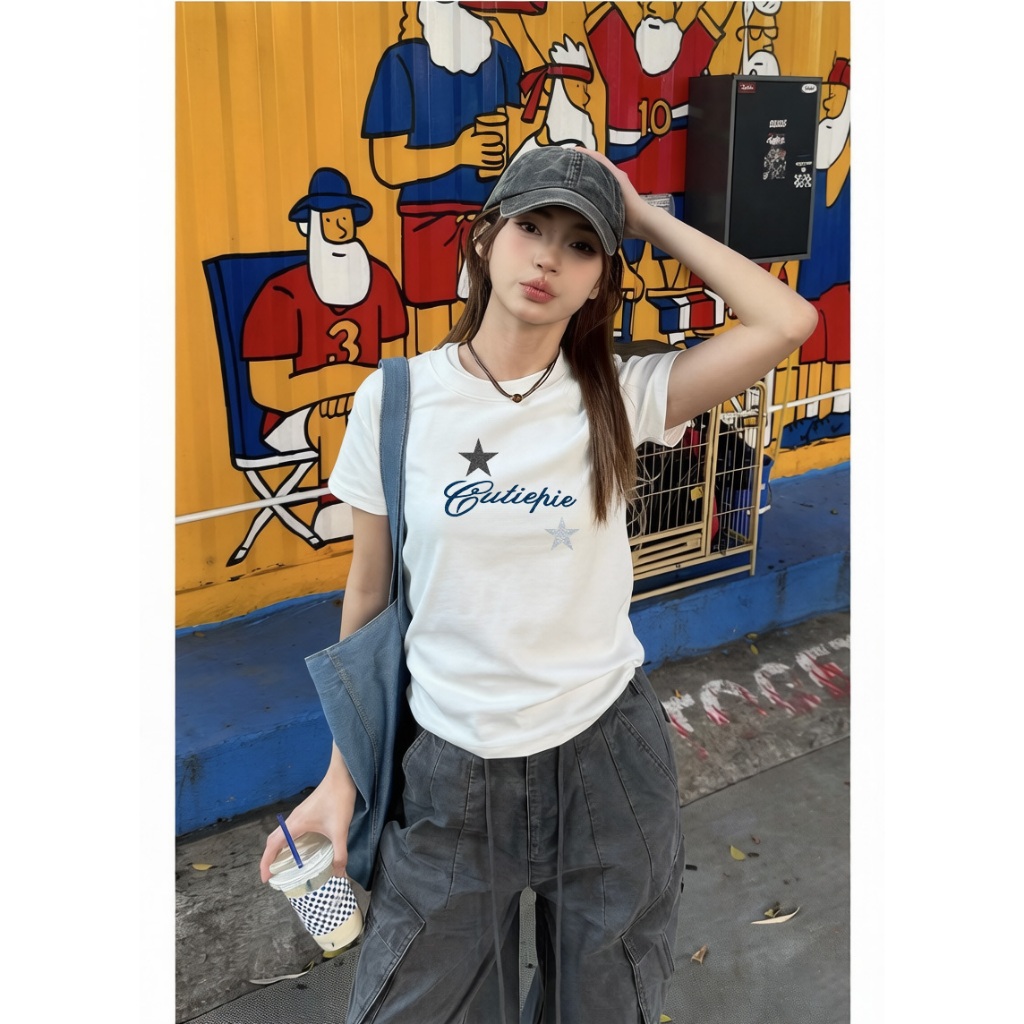 Áo baby tee nữ Trắng áo ngôi sao mùa hè cổ tròn thư in hình ôm body Zeeni local brand hàn quốc