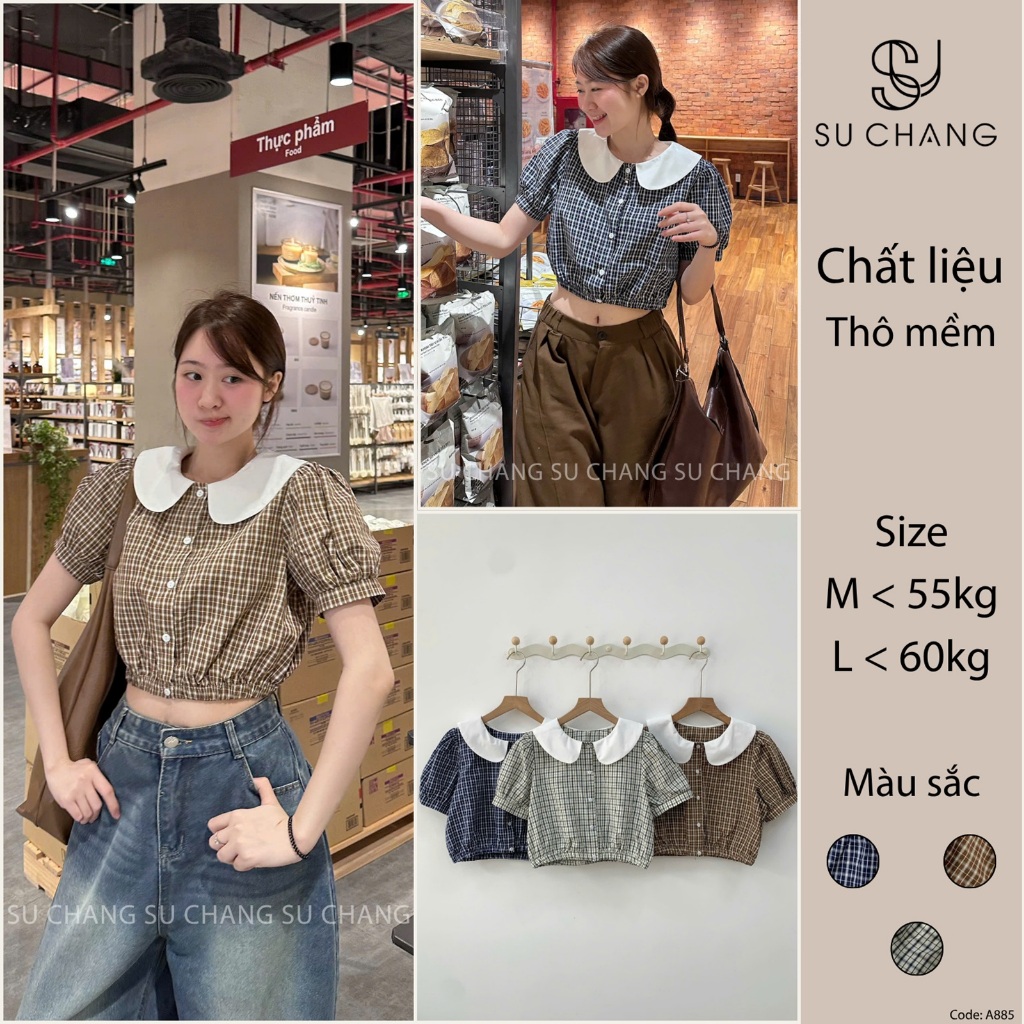 Áo Sơ Mi Croptop Phối Cổ Chun Eo A885 Su Chang Thời Trang Nữ