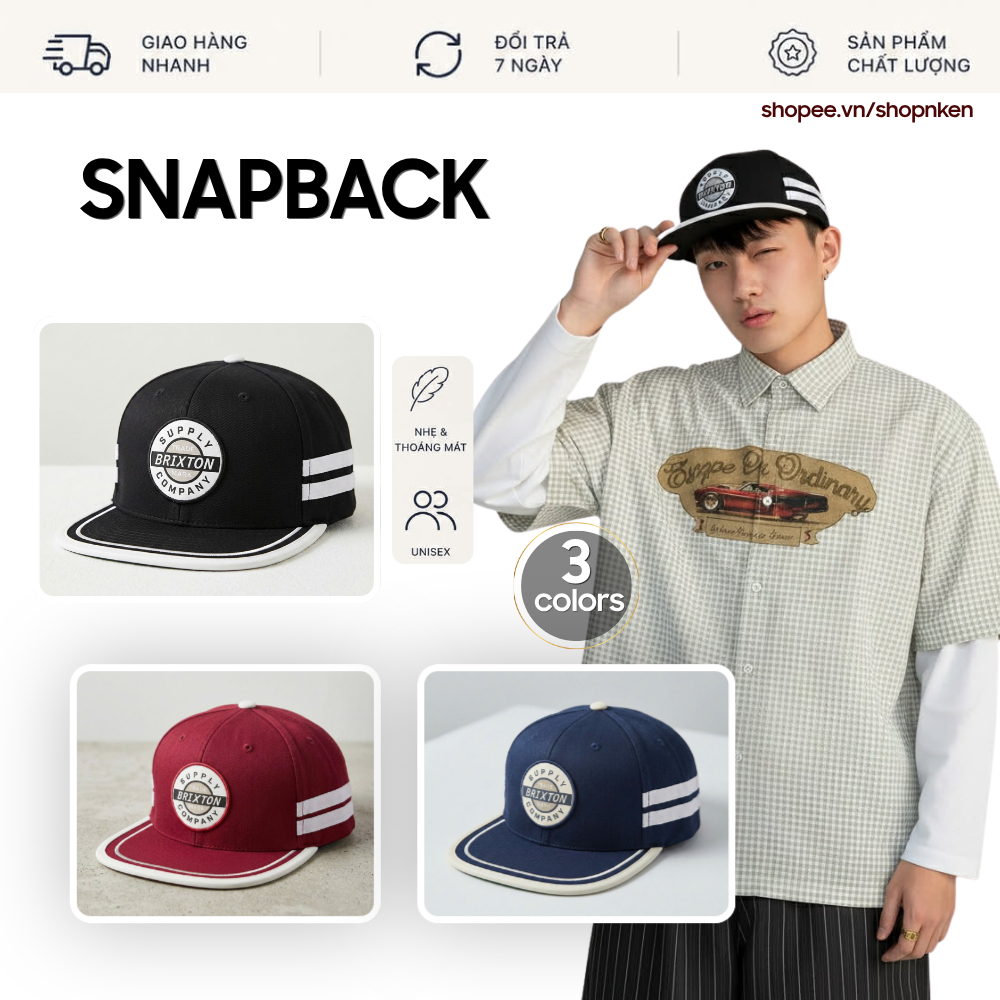 Mũ lưỡi trai Brixton – Nón snapback nam nữ form cứng, phối sọc cá tính
