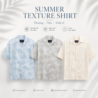 Áo sơ mi nam ROWAY form suông thoáng mát, Cộc tay hoa nổi