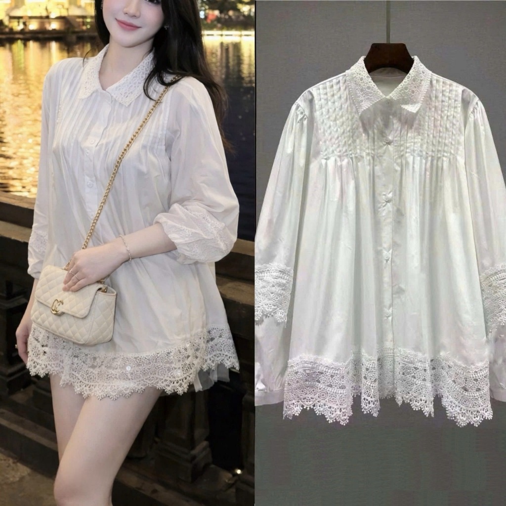 METWO. - Áo váy sơ mi trắng thô boil kiểu ly ren gấu bèo vân hoa FORM RỘNG QC dài tay ulzzang tiểu thư Hàn Quốc #88051 | BigBuy360 - bigbuy360.vn
