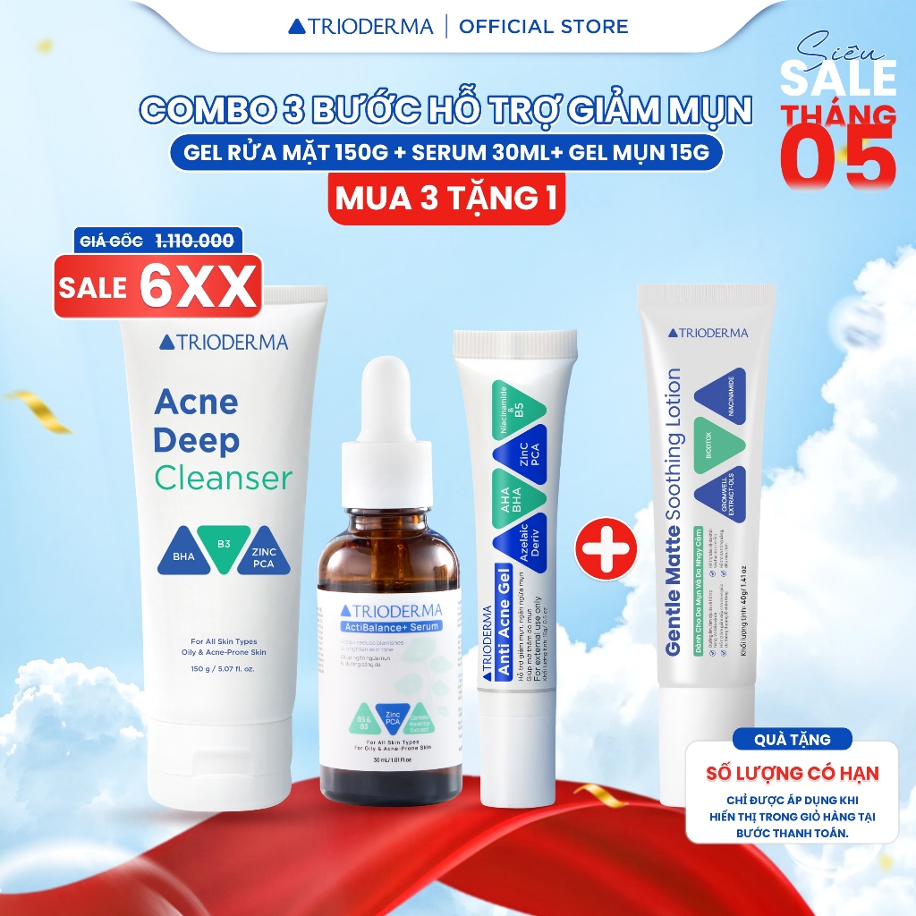 [TẶNG 1 LOTION] 40G Combo 3 Bước Hỗ Trợ Giảm Mụn Trioderma Gel Rửa Mặt 150g + Serum 30ml + Gel mụn 15g Làm Sạch Giảm Mụn
