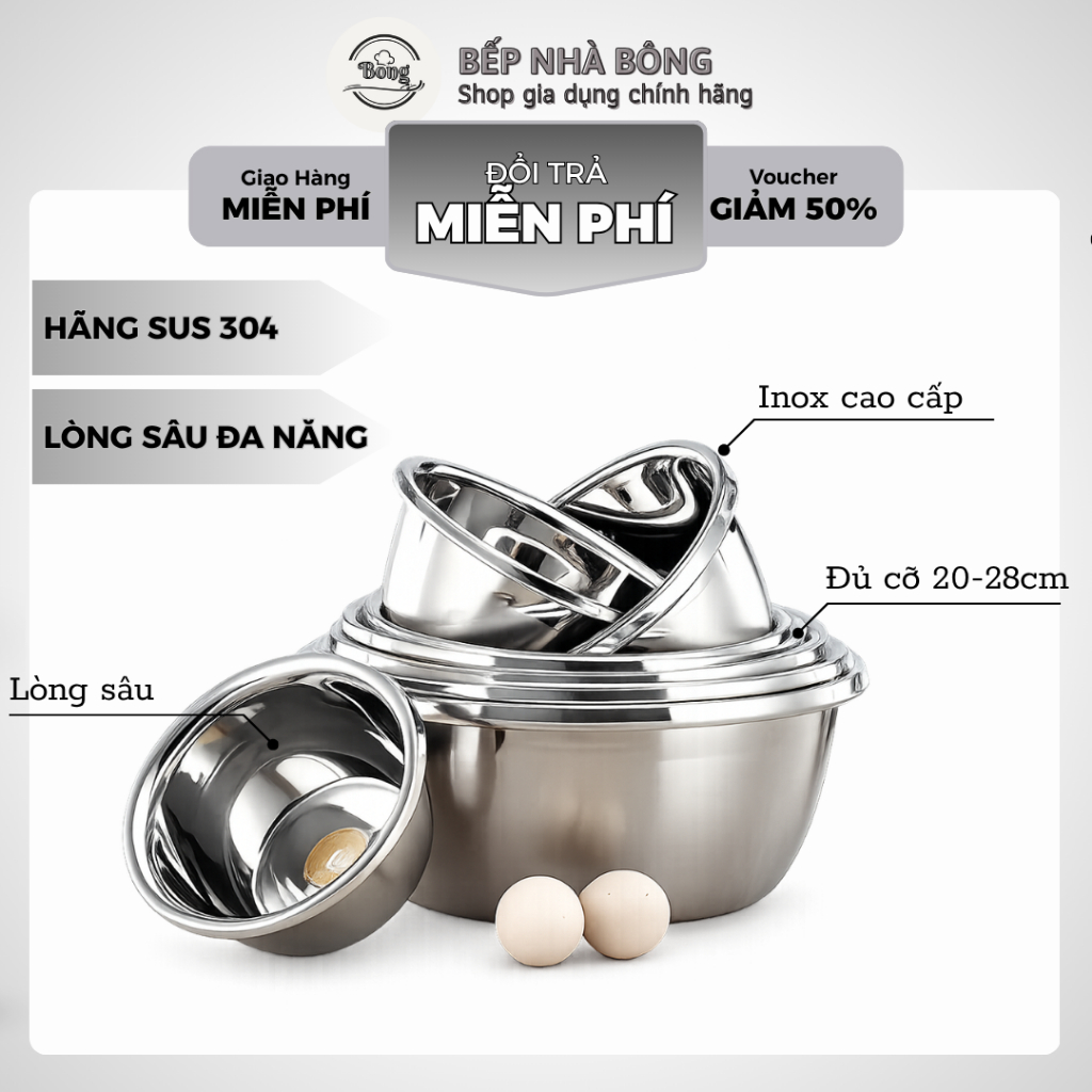 Combo 5 thau inox lòng sâu, thau inox 304 đủ size từ 20-22-24-26-28cm