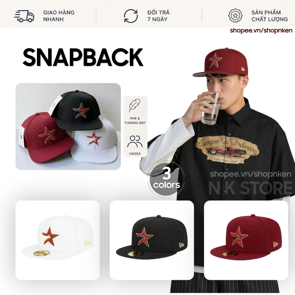 Mũ Snapback ngôi sao thêu nổi phong cách Streetwear