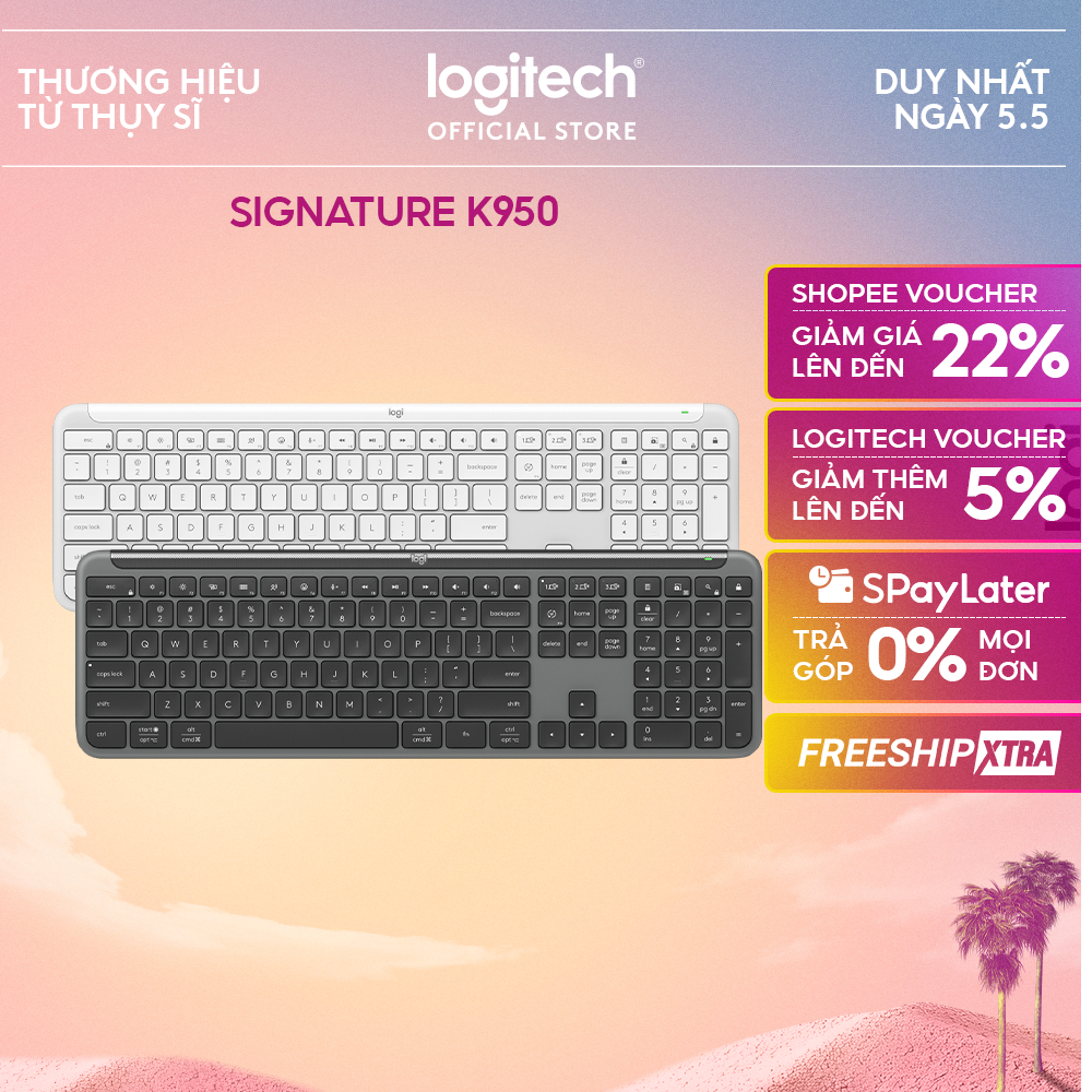 Bàn phím không dây Logitech K950 Signature Slim - Kết nối đa thiết bị, Gõ yên tĩnh, Bluetooth