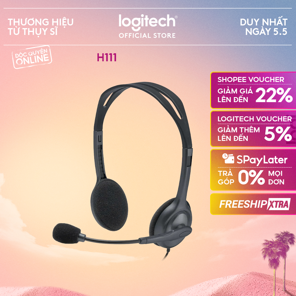 Tai nghe chụp tai Logitech H111 - 1 jack 3.5mm, Mic khử giảm tiếng ồn, âm thanh nổi