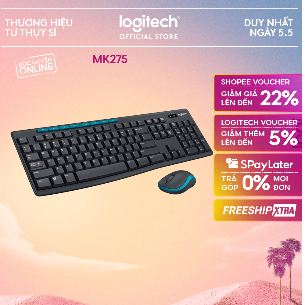 Combo chuột phím không dây Logitech MK275 - Phím media & viền chuột nổi bật, 1 đầu USB