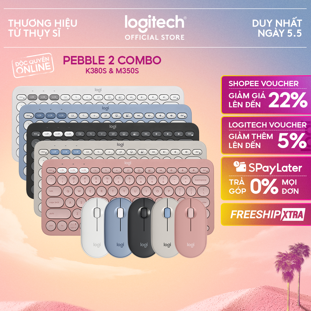 Pebble 2 Combo, Bàn phím Bluetooth Logitech K380s và chuột Logitech M350s - Yên tĩnh,  Easy-Switch