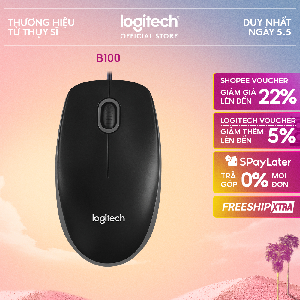 Chuột có dây Logitech B100 - Dây dài 1m8, thiết kế ôm tay, thuận cả 2 tay