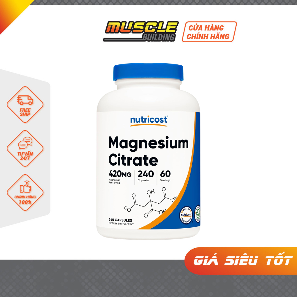 Nutricost Magnesium Citrate Viên uống bổ sung magie hỗ trợ giảm stress mất ngủ, đau cơ, giảm táo bón