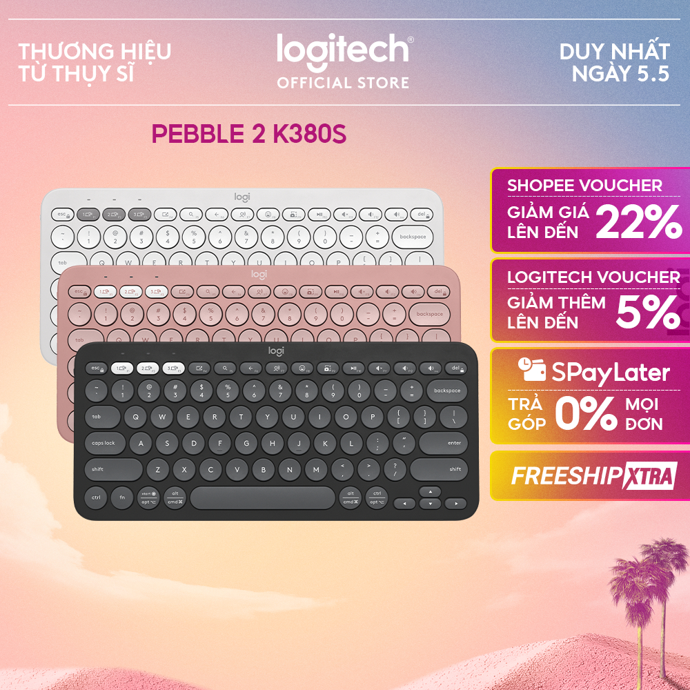 Bàn phím không dây Bluetooth Logitech Pebble K380 | K380s - giảm ồn, gọn nhẹ, đa thiết bị, Mac/ PC
