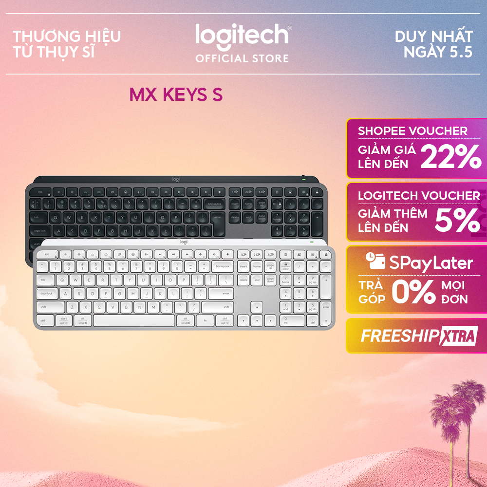 Bàn phím không dây Logitech MX Keys S - Low Profile yên tĩnh, Đèn nền, Bluetooth, Sạc USB-C