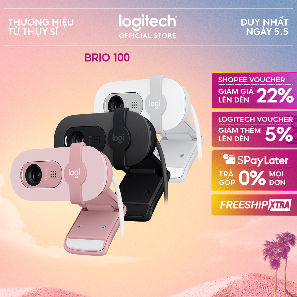 Webcam Full HD Logitech Brio 100 - Cân bằng ánh sáng, Mic, Màn chập, USB-A, Google Meet, Zoom