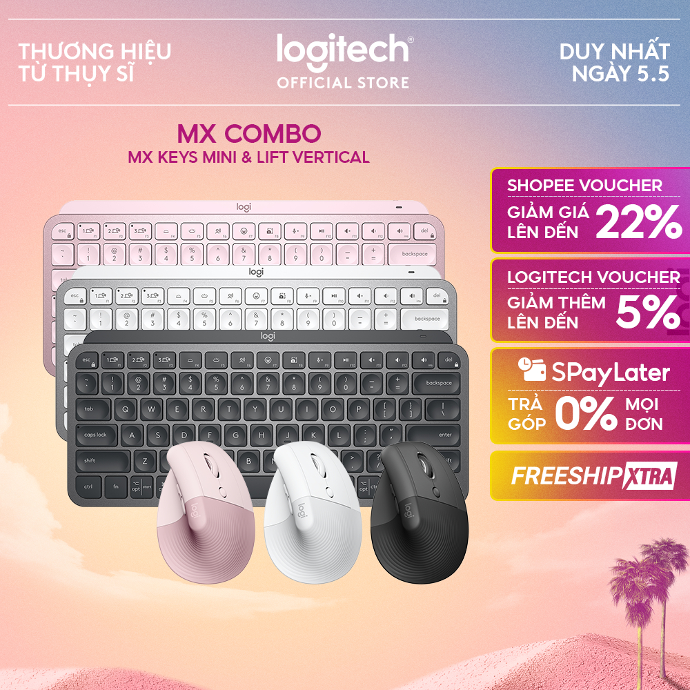 Combo Bàn phím Logitech MX Keys Mini và Chuột Logitech Lift Vertical - Bluetooth, USB Logi Bolt