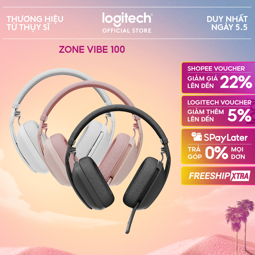 Tai nghe không dây Logitech Zone Vibe 100 - Nhẹ, micrô khử ồn, Bluetooth đa điểm, Google Meet, Zoom