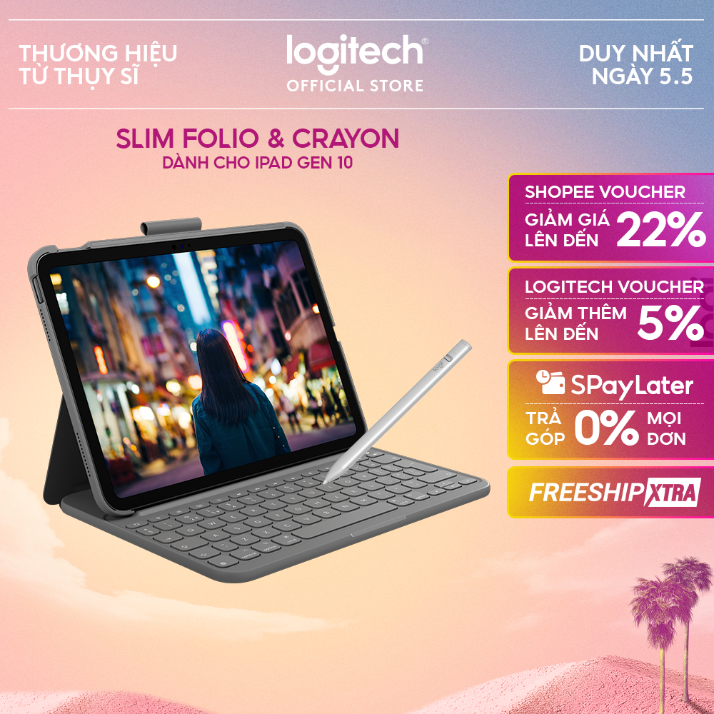 Bao da kèm phím Logitech Slim Folio cho iPad Gen 10 (10.9 inch) & Bút cảm ứng Logitech Crayon