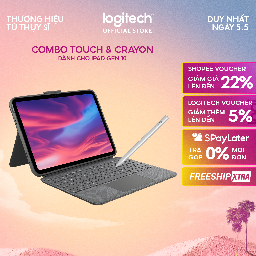 Bao da kèm phím Logitech Combo Touch dành cho iPad Gen 10 (10.9 inch) & Bút cảm ứng Logitech Crayon