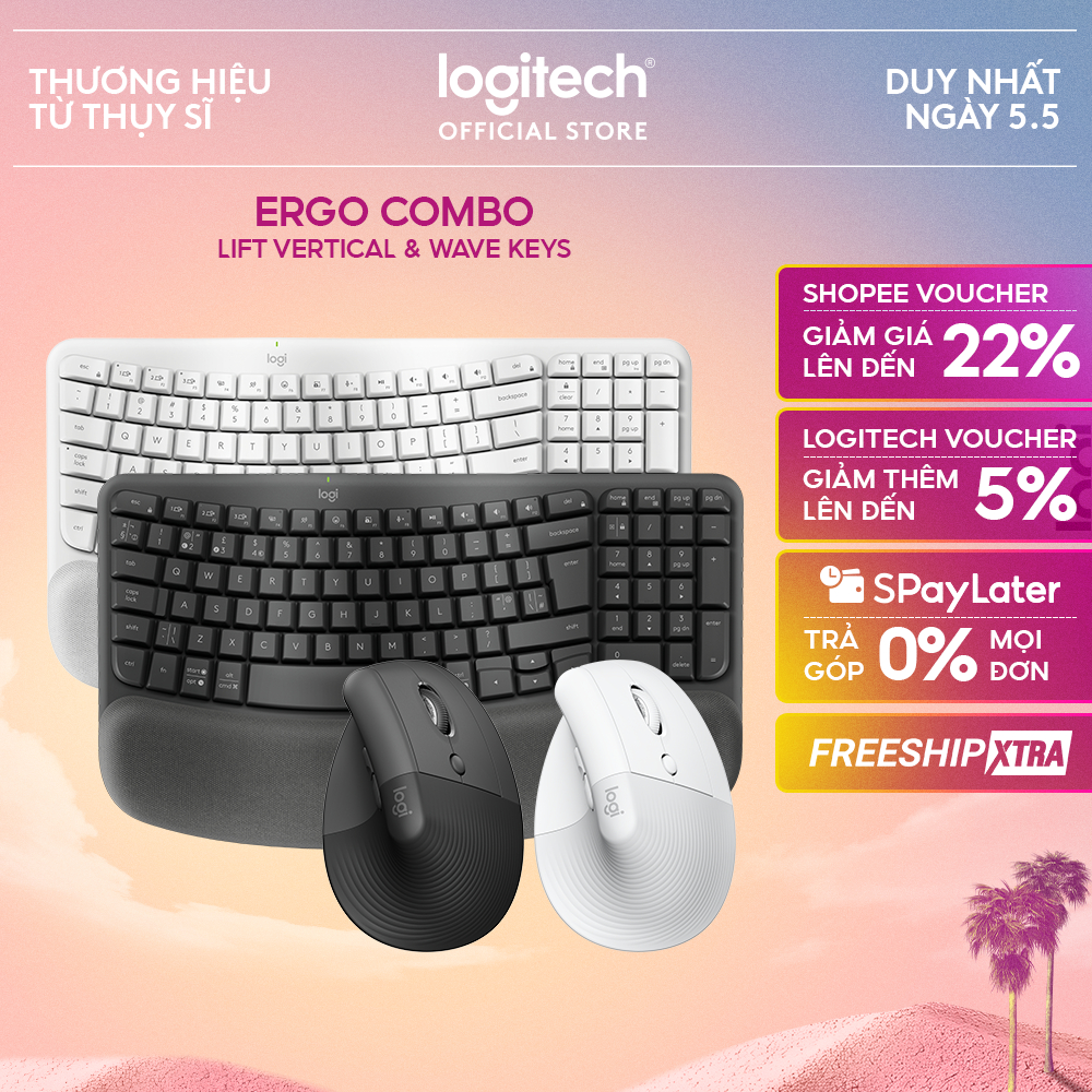 Combo Công thái học - Bàn phím Logitech Wave Keys và Chuột Logitech Lift Vertical
