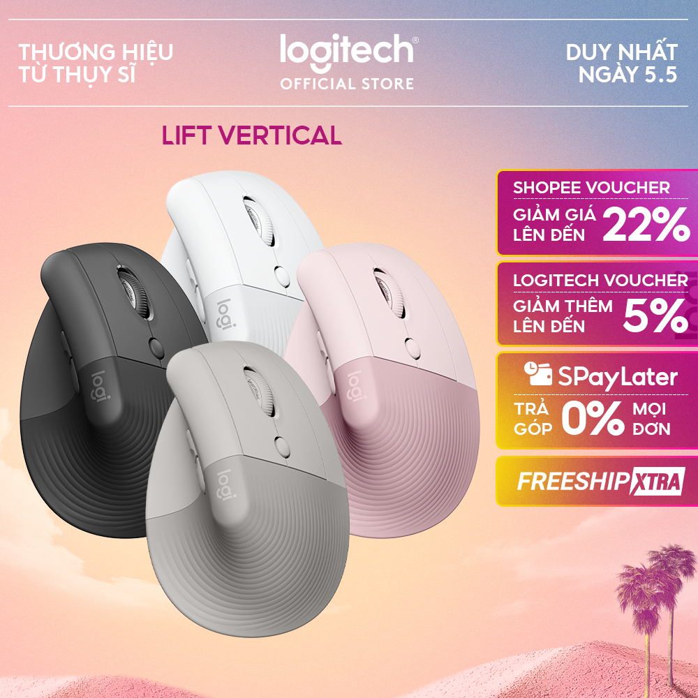 Chuột công thái học không dây Logitech Lift Vertical - Bluetooth | USB, giảm ồn, Win/ Mac