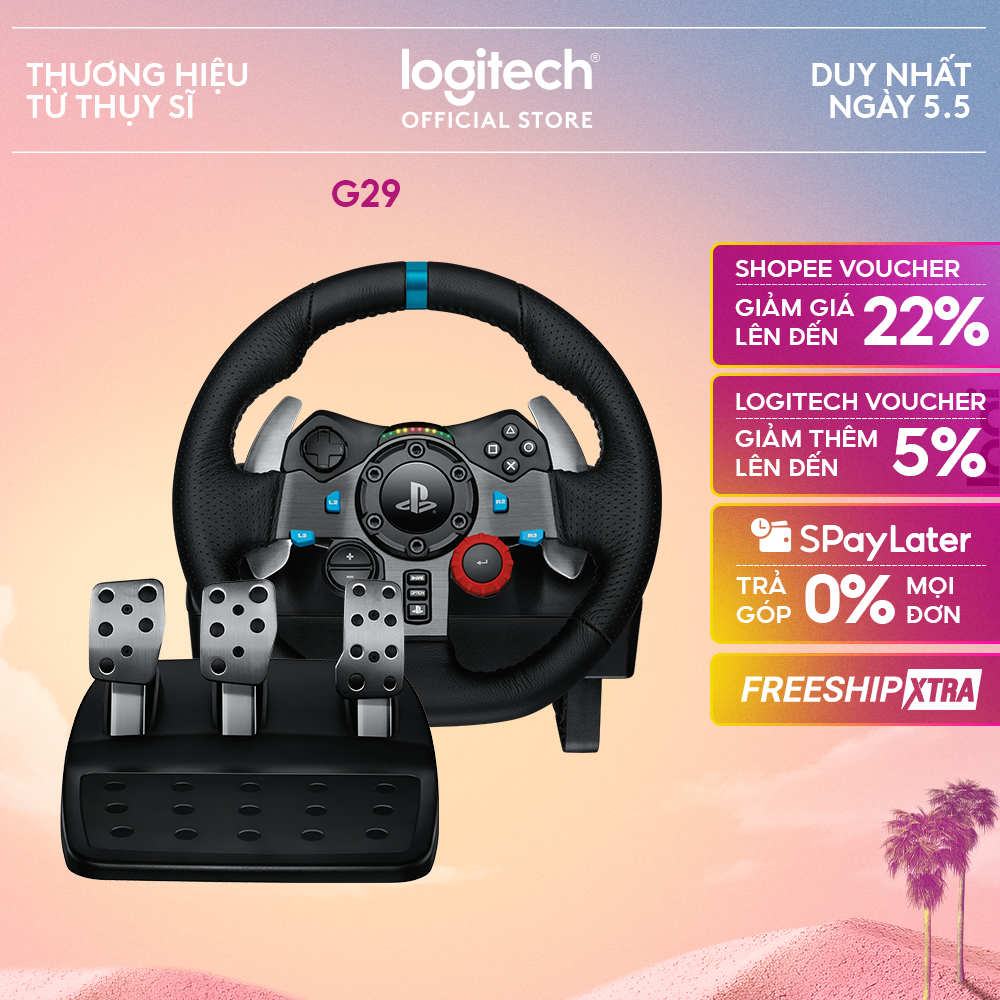 Vô lăng đua xe Logitech G29 Driving Force và bàn đạp thép không gỉ, tay lái bọc da, phù hợp PS5, PS4