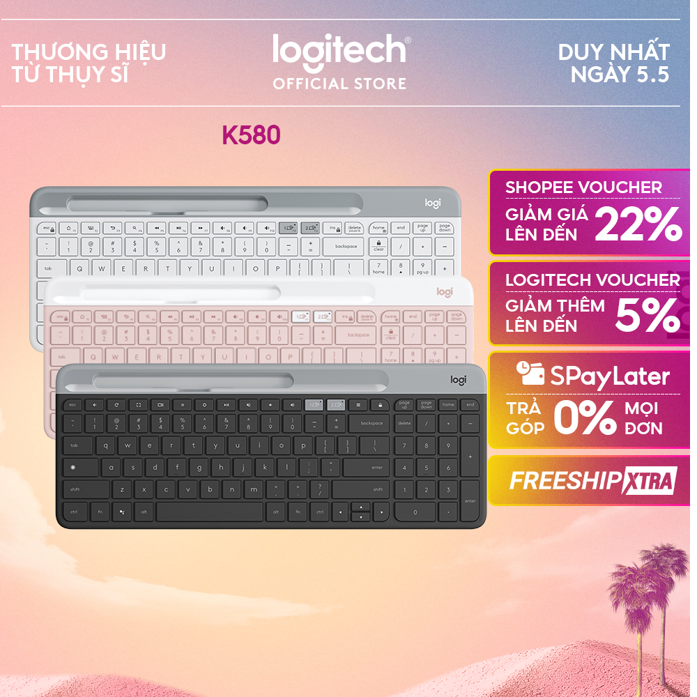 Bàn phím không dây Bluetooth Logitech K580 - Kết nối đa thiết bị, mảnh gọn, PC/ iPad