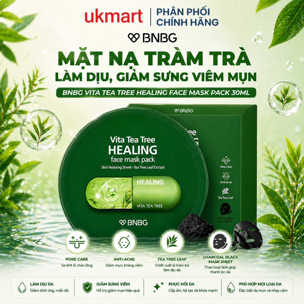 Combo 10 Mặt nạ tràm trà hỗ trợ làm dịu, giảm sưng viêm mụn BNBG Vita Tea Tree Healing Face Mask