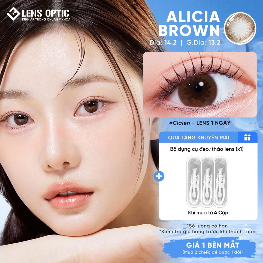 Kính Áp Tròng Lens Optic Màu Nâu Alicia Brown Clalen Iris 1 Ngày Chống Tia UV Có Độ