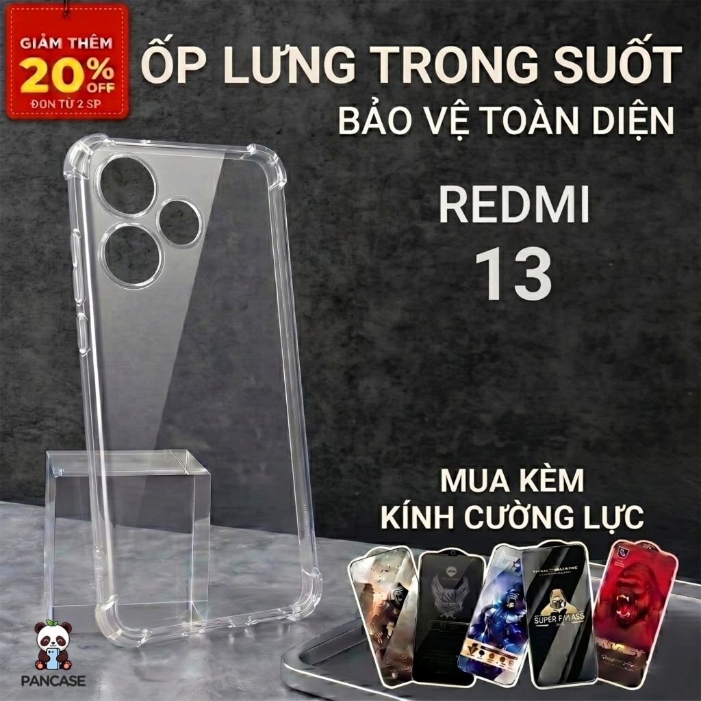 Ốp lưng Redmi 13, 13x PANCASE trơn trong suốt | Ốp điện thoại Xiaomi dẻo bảo vệ camera đt toàn diện