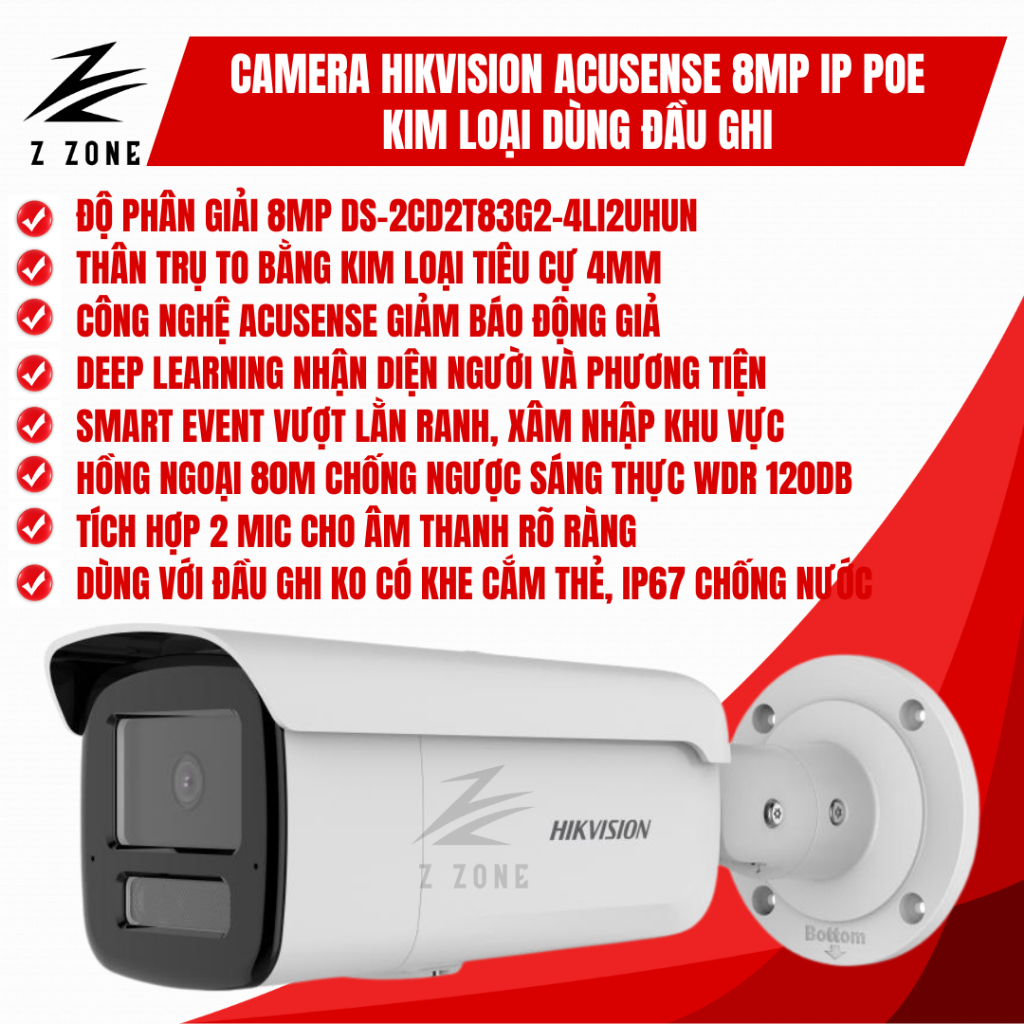 Camera Hikvision AcuSense 8MP IP POE Thân To Kim Loại DS-2CD2T83G2-4LI2UHUN (4MM) Dùng Đầu Ghi