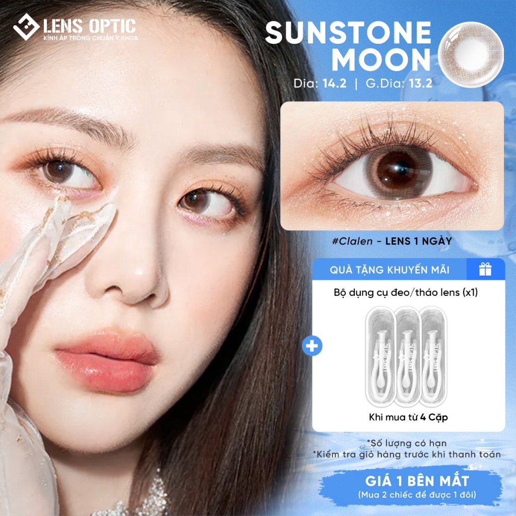 Kính Áp Tròng Lens Optic Màu Nâu Champagne Sunstone Moon Clalen Jewel 1 Ngày Chống UV DIA 14.2mm Có 